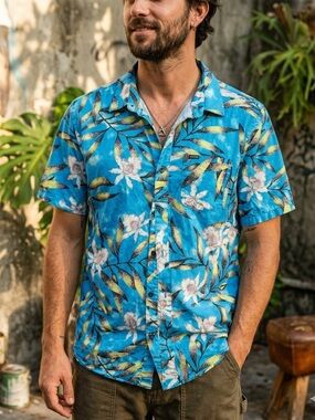 Volcom Turquoise Floral Short-Sleeve Classic Fit Button-Up LARGE